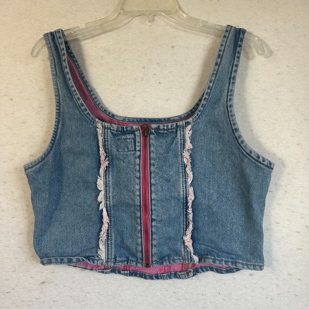 Vintage Lee Blue Denim Vest Sz L pink fringe trim back zip up western cowgirl